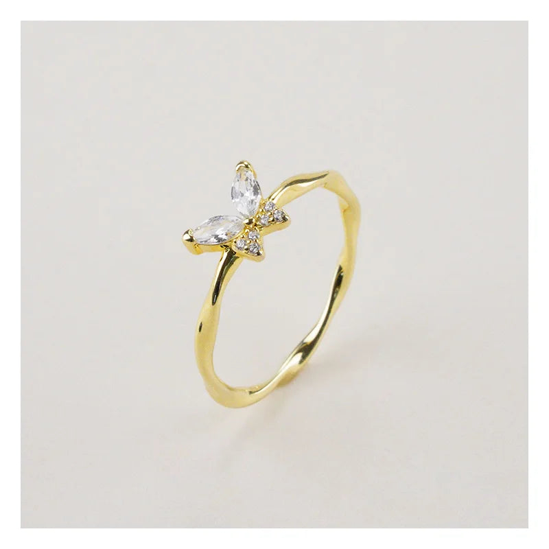 925 Sterling Silver Summer Trendy Jewelry for Women Gold Plated Zircon Butterfly Thin Twisted Rope Rings Stackable for Weddings