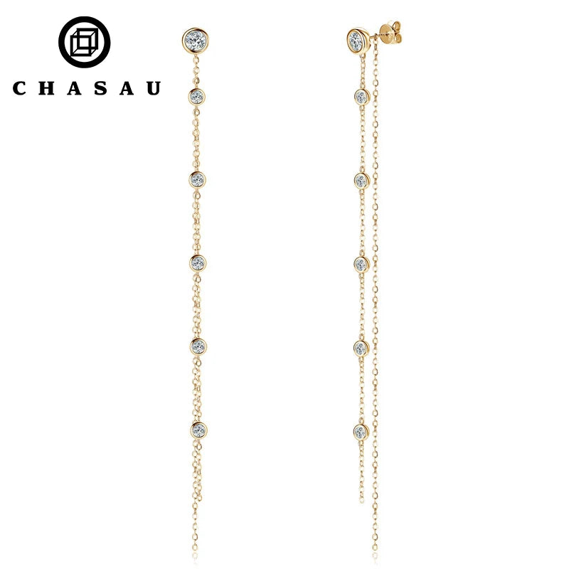 Minimalist Thin Chain Long Tassel 925 Sterling Silver Round Cut 5mm 3mm  2 Carat VVS1 Moissanite Jewelry Drop Earrings