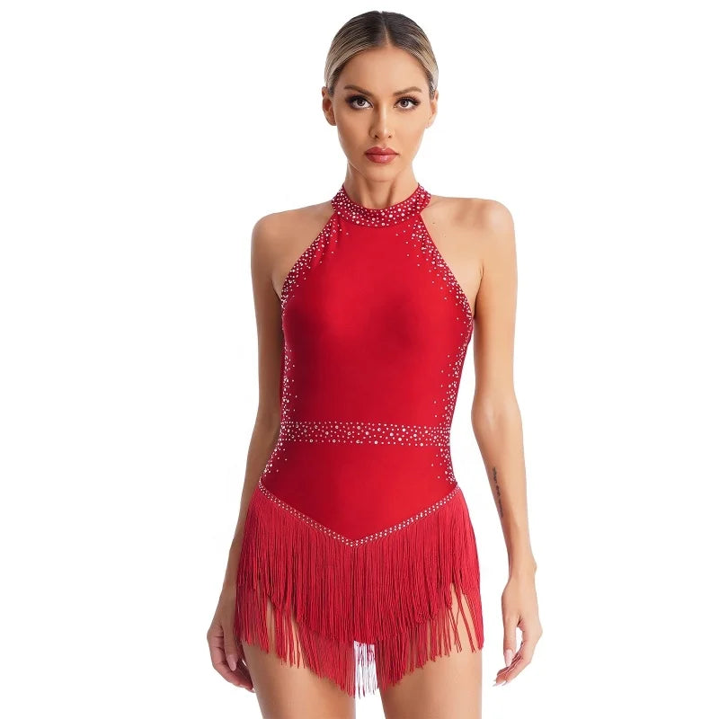 Factory Womens Dance Costume Rhinestones Tassel Leotard Bodysuit Ballroom Latin Tango Salsa Dance Wear