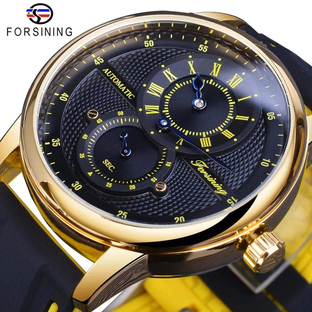 Forsining New Double Dial Watch Men Automatic Wristwatch Waterproof Casual Mechanical Gift Watches Sport Blue Pointer Clock