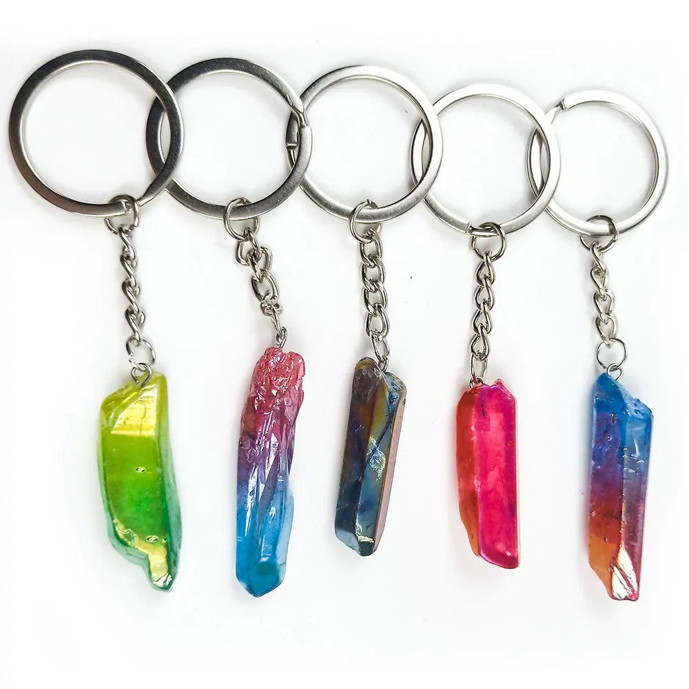 Diy Seven Color Crystal Pillar Original Stone Key Ring European and American Crystal Cluster Electroplating Pendant