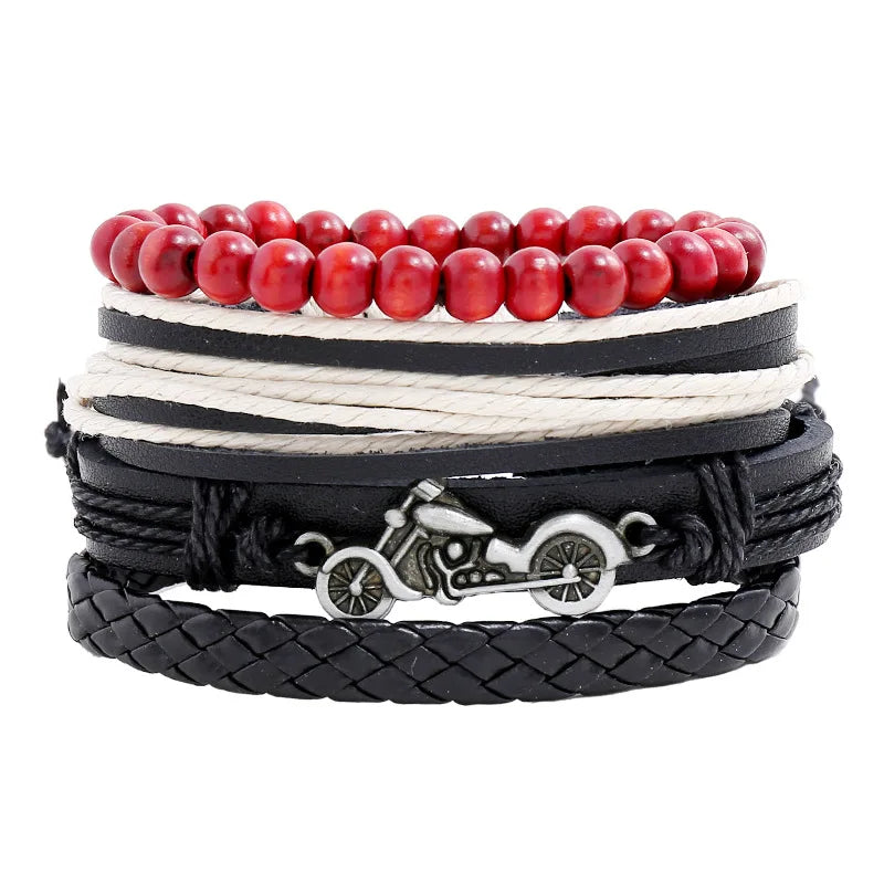 Handmade 4-Piece Braided Leather Bracelet Set Vintage Metal Motorcycle Motif Fashion Jewelry for Men