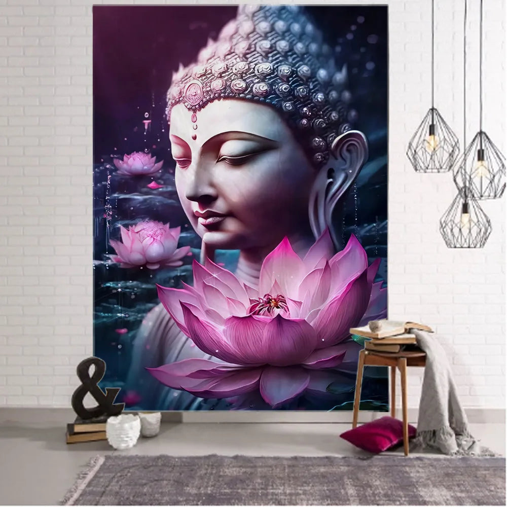 Religious Buddha Lotus Tapestry Wall Hanging Psychedelic Wall Art Decoration Buddha Statue Sculpture Living Room Home Decoration