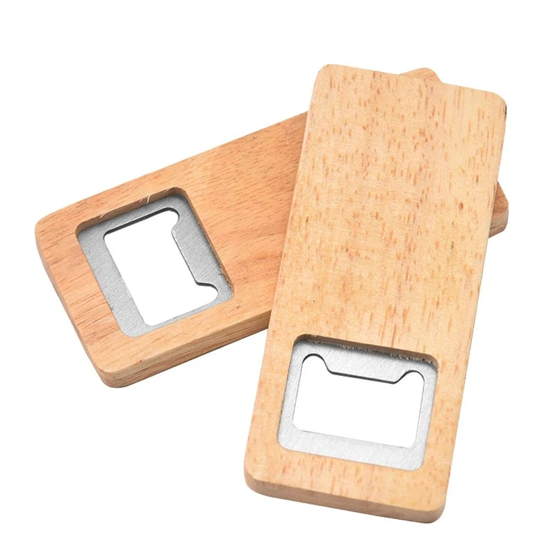 Custom Logo Wood Beer Bottle Opener Wooden Handle Corkscrew Stainless Steel Square Openers Bar Kitchen Accessories Party Gift
