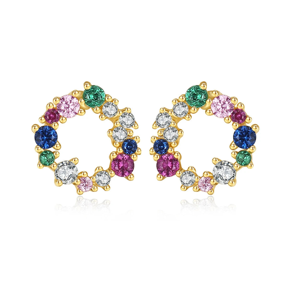 Fashion Cute S925 Sterling Silver rainbow Gemstone Round Earrings Colorful Zircon Stud Earrings