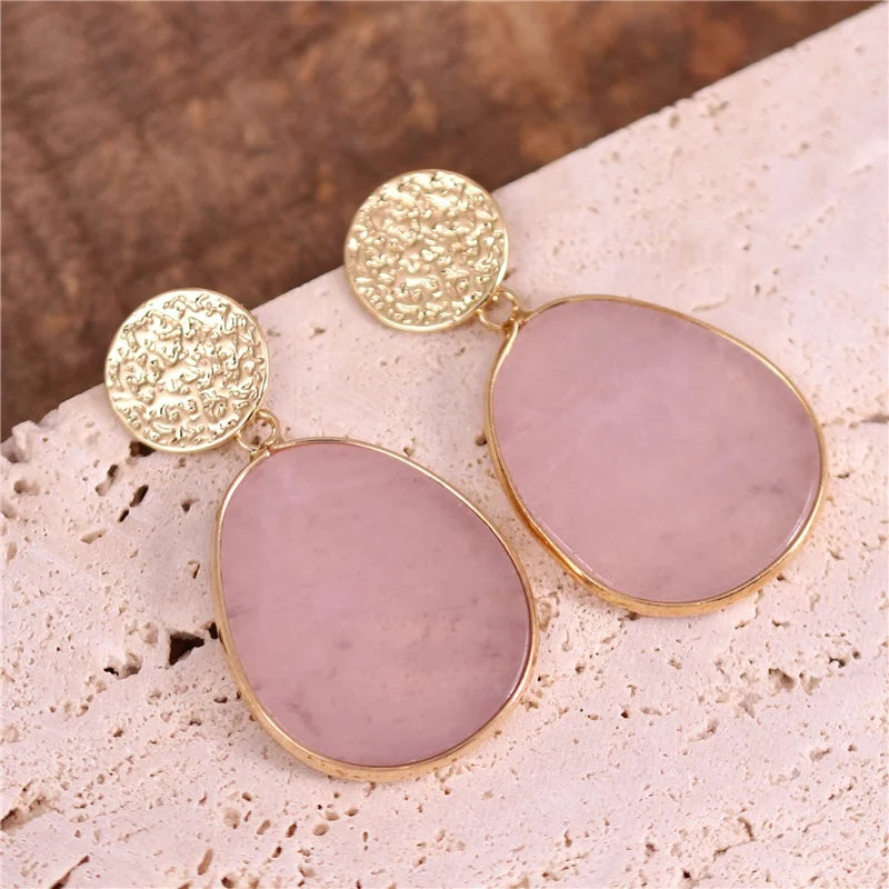 Trendy Luxury Gold Rose Quartz Dangle Stud Earrings for Women Lady Girl Boho Natural Stones Drop Earrings Jewelry Wholesale