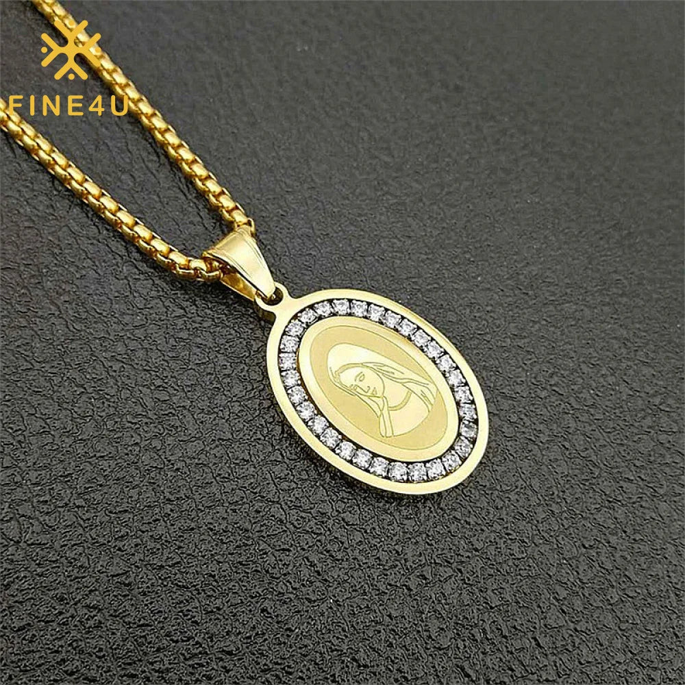 Wholesale Religious Catholic Jewelry Stone Charm Stainless Steel 18K Gold Plated Virgin Mary Necklace