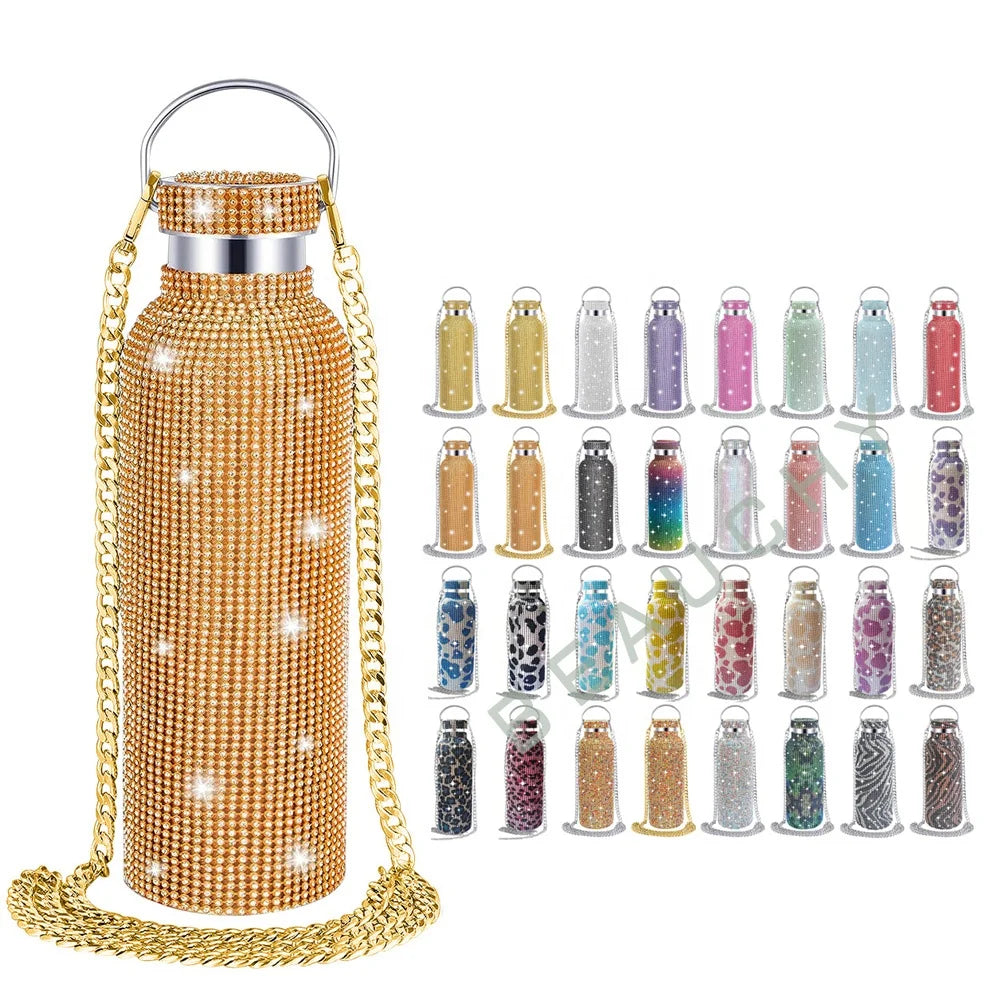 2024 Luxury Portable Handle Rhinestone Diamond Bling 304 Stainless Steel Vacuum Flask Water Bottle for Girl Women