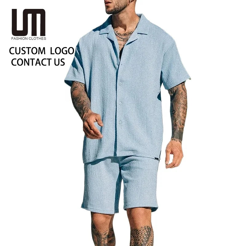 Clearance Sales Men Vintage Summer Short Sleeve Shirt & Shorts Two Piece Set Casual Loose Beach Style Solid Color Suits Clothing