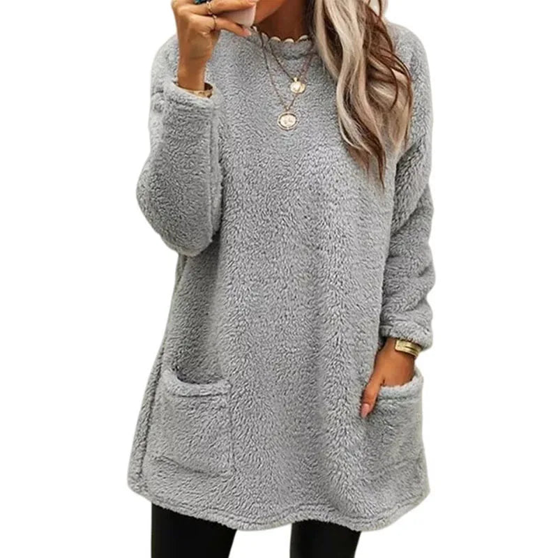 RNSHANGER Sweatshirts for Women New Long Sleeve Pocket Plush Hoodies Women Pullover Solid Color Warm Sweatshirts