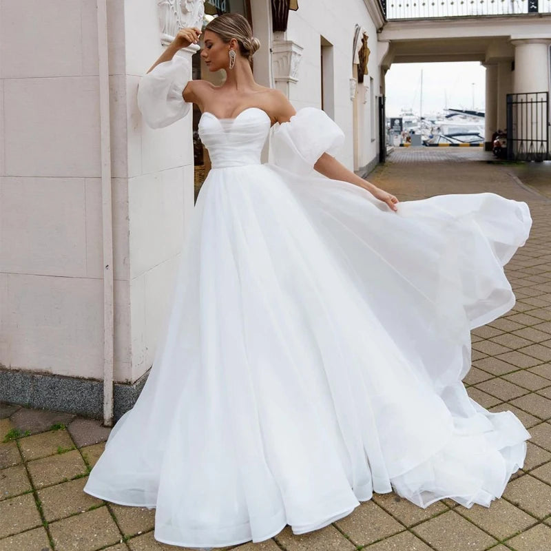 13379#Elegant Open Back A-Line Lantern Sleeves Sweetheart Sweep Train Organza Strapless Simple Wedding Dress Bridal Gown