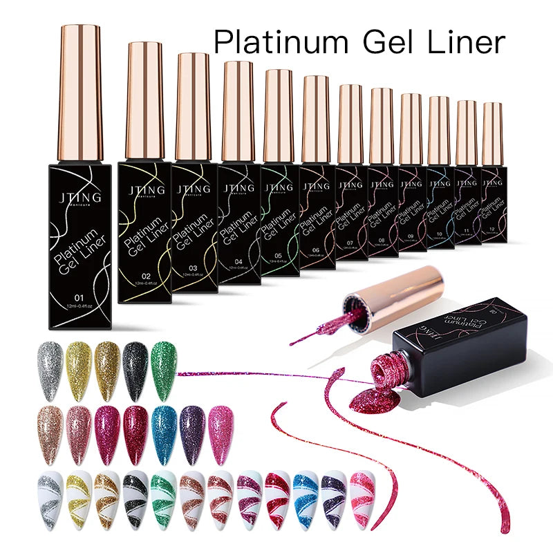 JTING New Style High Density Platinum Drawstring Gel Nail Art Metallic 12 Colours 36 Colors Pastel Liner Gel with Brush Head