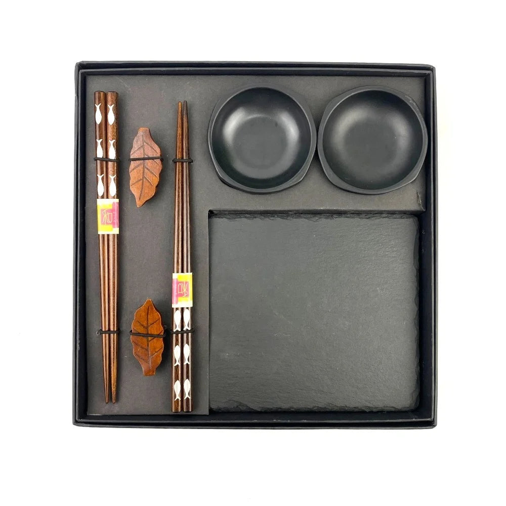 Custom Sushi Slate Plate Dinnerware Set With Wood Chopsticks and Melamine Dish Restaurant Tableware Gift Set