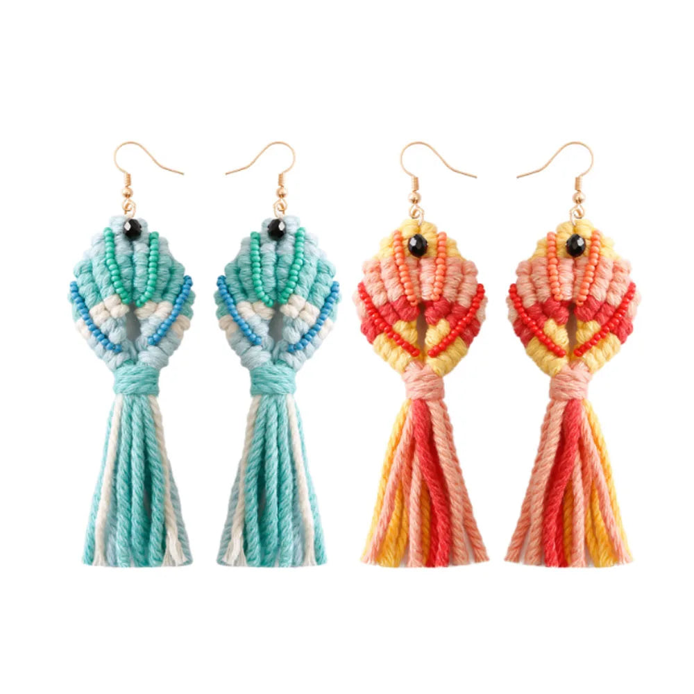Cord String Woven Braided Glass Seed Beads Fish Shape Pendant Tassel Earring Statement Bead Dangle Tassel Earring Jewelry Women