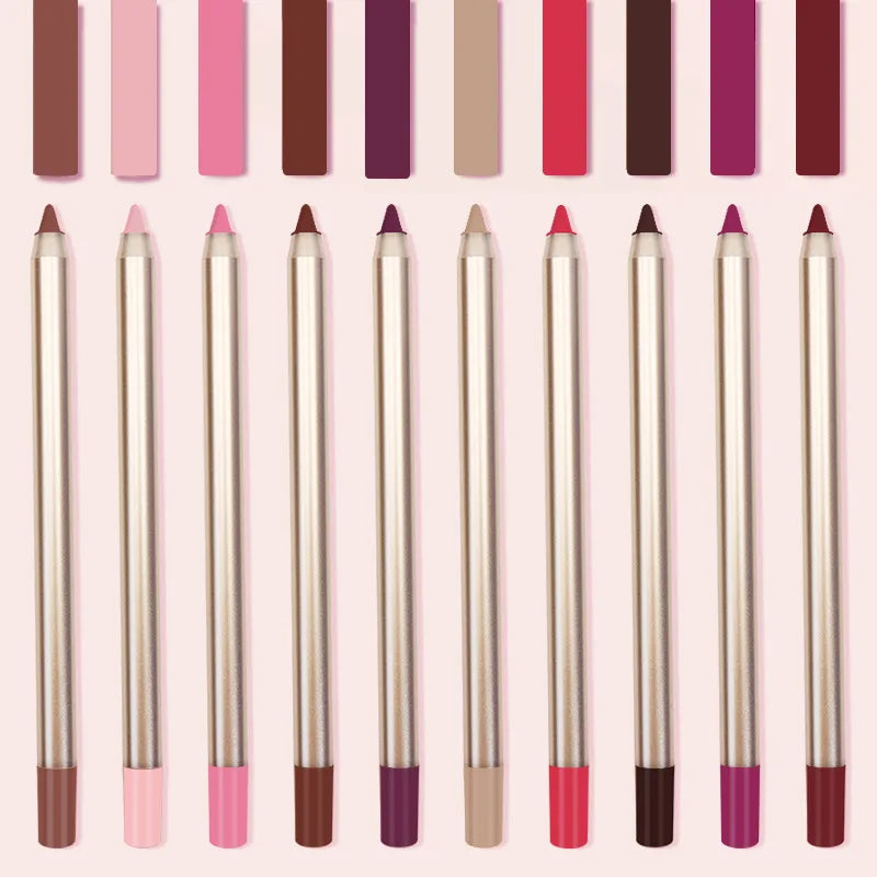 Private Label Vegan Cruelty-Free Gold Dark Brown Creamy Waterproof Lip Liner 12 Colors Pencil Form Mineral Ingredient