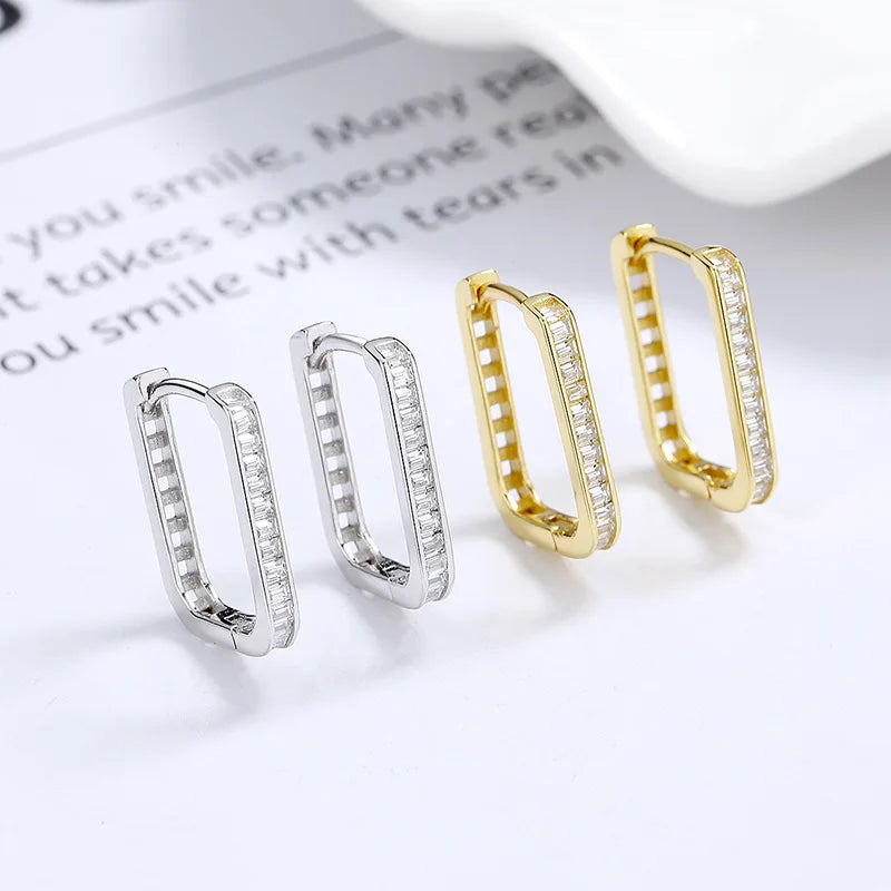 Fashion 925 Sterling Silver Minimalist Earrings Geometric square Oval Shape Row of Diamond Gold Plated Hoop Earrings Women