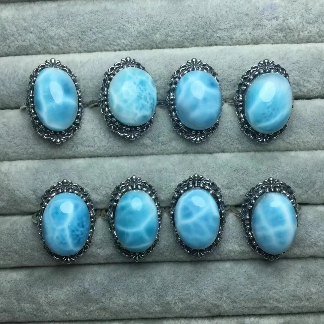 Hot Selling Natural Crystal Rings High Quality Natural Larimar With S925 Sliver Rings for Health