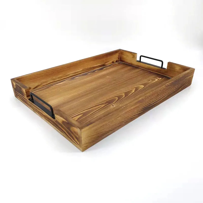On Sale Rustic Solid Wood Serving Rectangular Tray Breakfast Tray with Handles Farmhouse Kitchen Decor