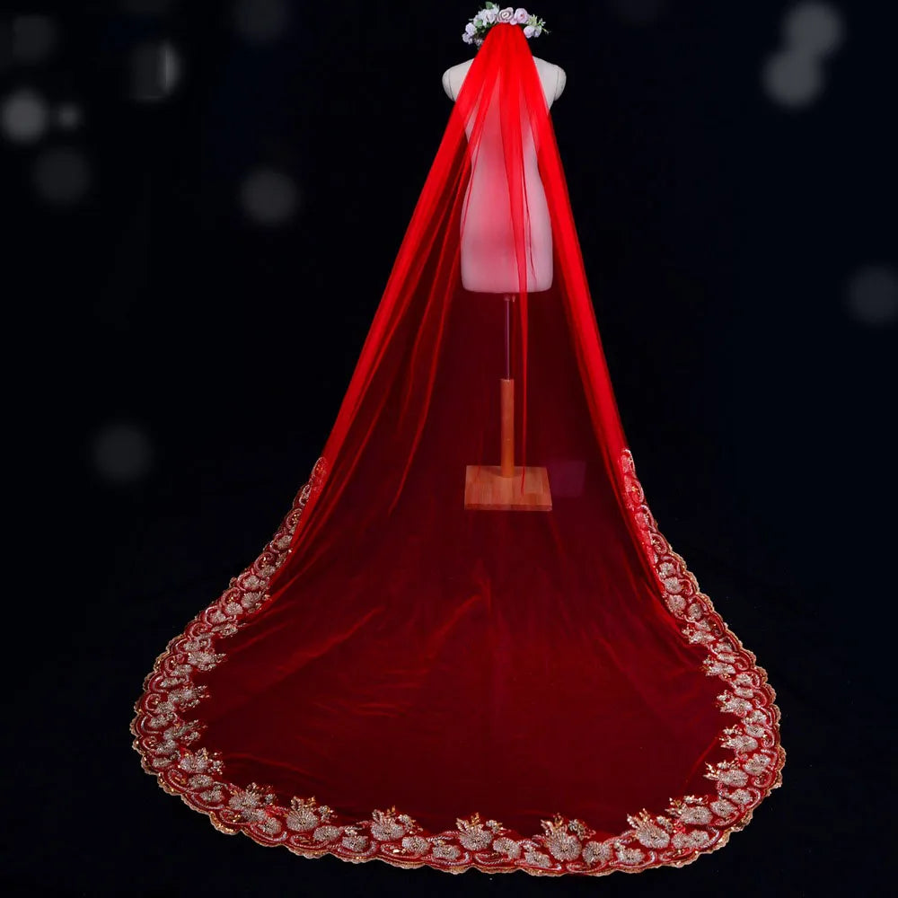 Genya Trendy Romantic 3m Unique Vintage Chinese Red Bridal Veils Luxurious Long Trailing Lace Mesh With Combs