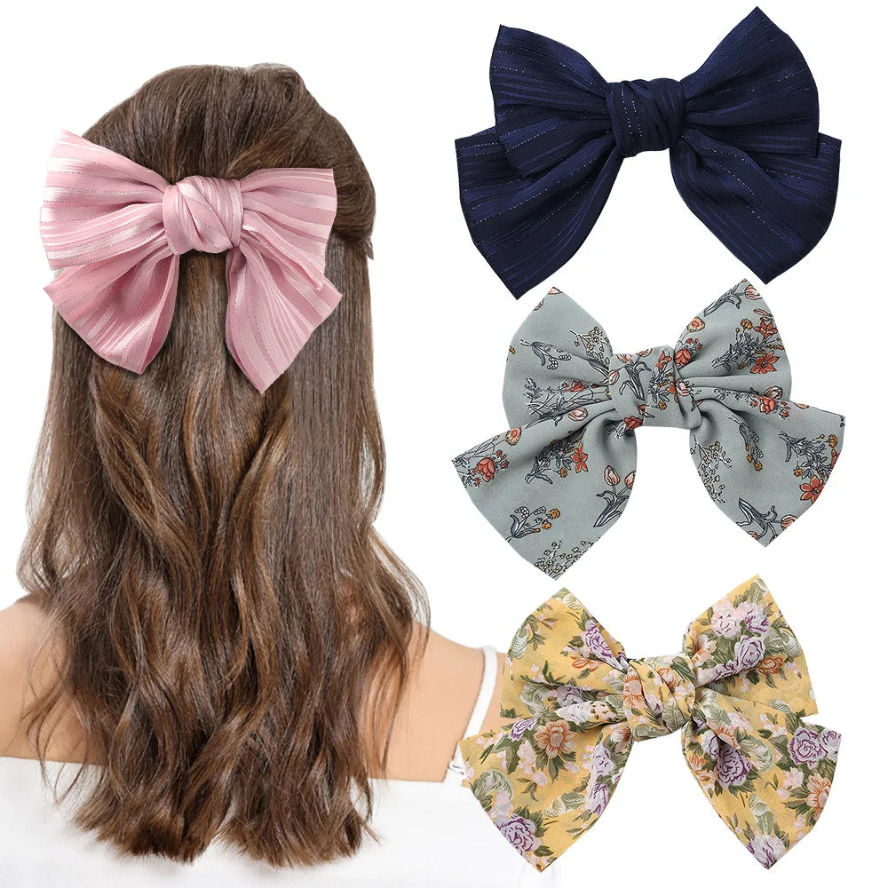Large Silky Hair Bow Barrettes Printed Ribbon Hair Accessories for Women Girls Teens-Hair Clips
