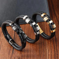 Men Double-Row Braided Genuine Leather Wristband Bracelet Stainless Steel Ornaments Magnetic Buckle Bangle Jewelry OT-196