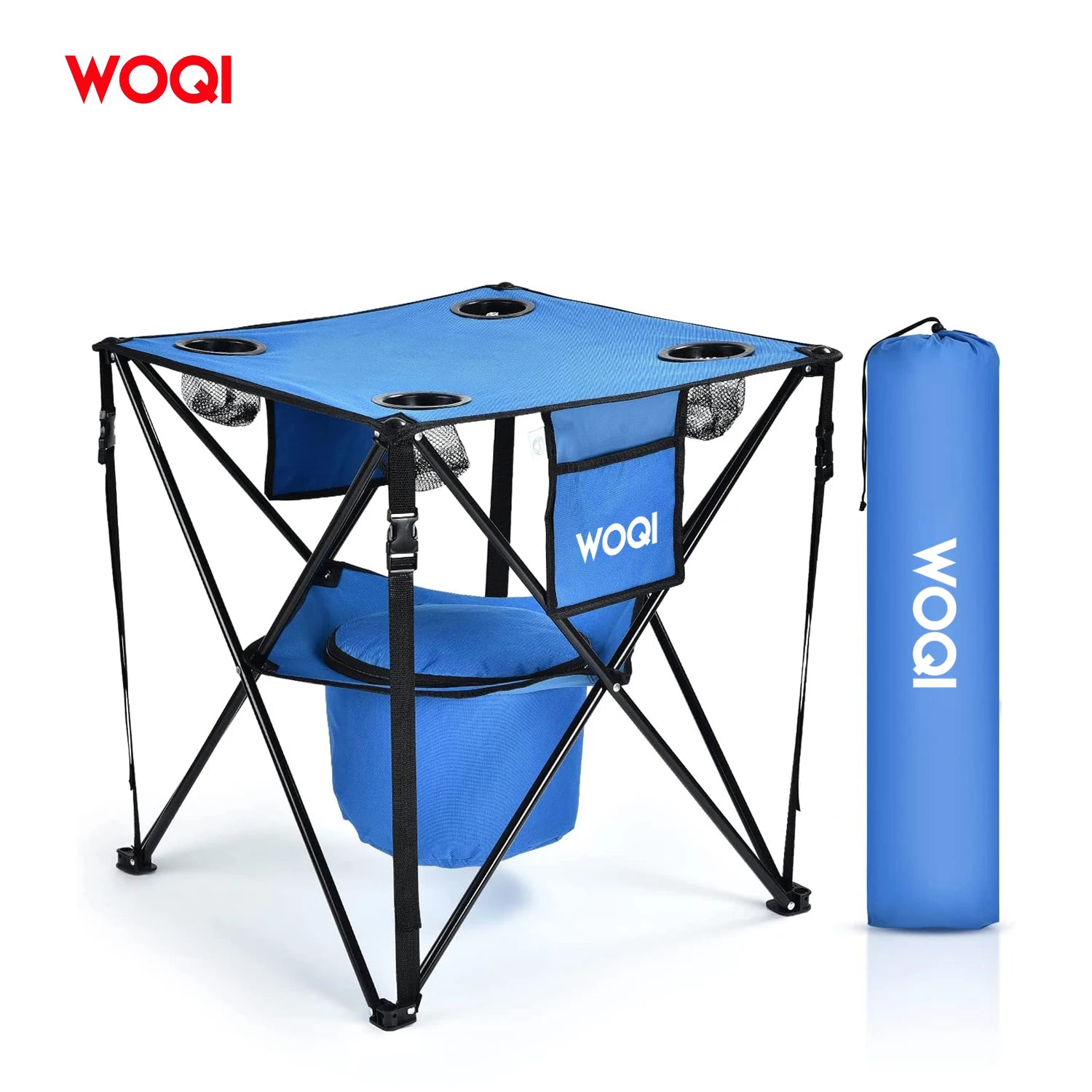 WOQI Portable Folding Tailgate Table 4 Cup Holders Camping Table With Food Basket Insulated Cooler