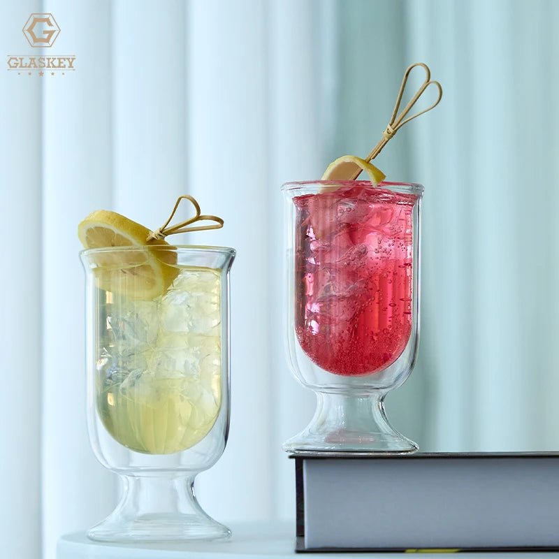 Double Wall Glass Highball Glasses 8 oz Clear Insulated Tulip Cocktail Glasses Footed Iced Coffee Cups Juice Tea Tumbler