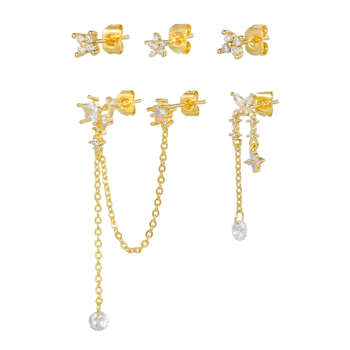ZUOLA Fine Jewelry Set 925 Silver Posts Studs Earring Star Zircon Chain Tassel Dangle Piercing Stud Earrings Set for Women MegaBDM