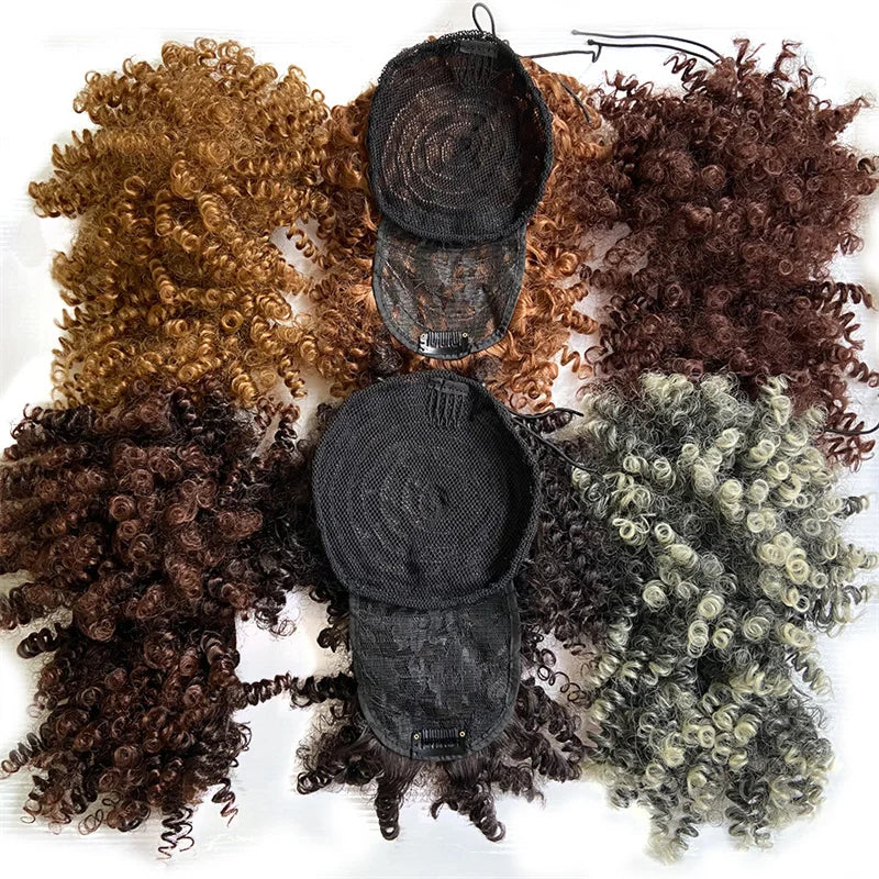 Afro Puff Hair Pieces Clip Hair Extension Short Kinky Curly Chignon With Bangs Synthetic Hair Bun Drawstring Ponytail
