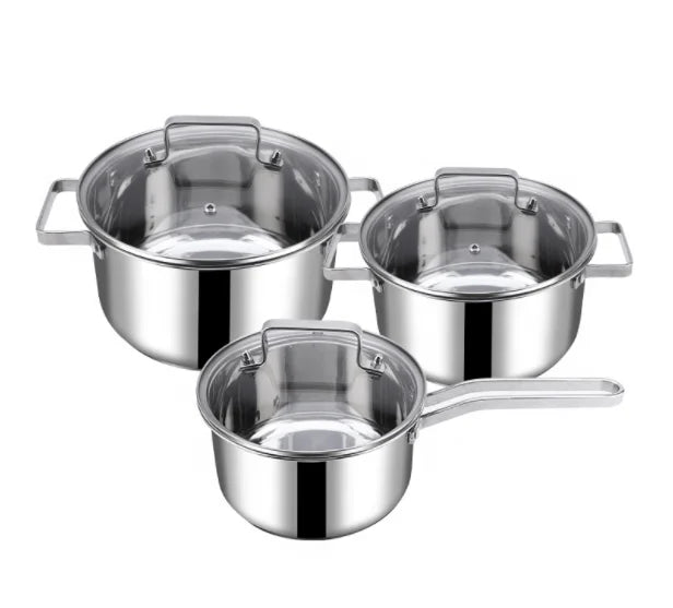 Modern Design 3-Piece Kitchen Gas Induction Cookware Set Stainless Steel Tempered Glass Lid Rounded Bottom Eco-Friendly