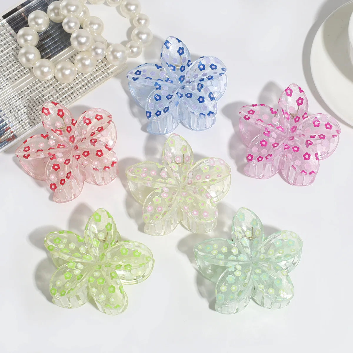 Korean Version of Fashion Sweet Little Fresh Mori Floral Print Transparent Grab Clip commuter Hair Clip Hair Accessories