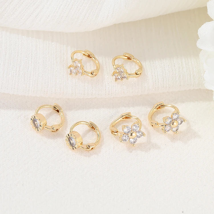 Wholesale Jewelry Huggie Earrings Brass 14K Gold Plated Micro Set Zircon Heart Flower Round Shape Hypoallergenic Hoop Earring