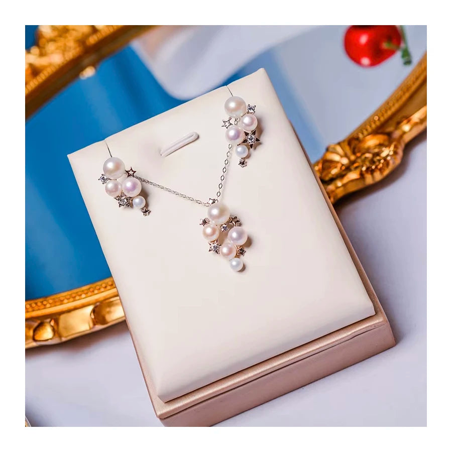 4-6mm 925 Silver Jewelry Pearl Necklace Pendant Silver Plated Star Earrings White Fresh Water Pearls Set