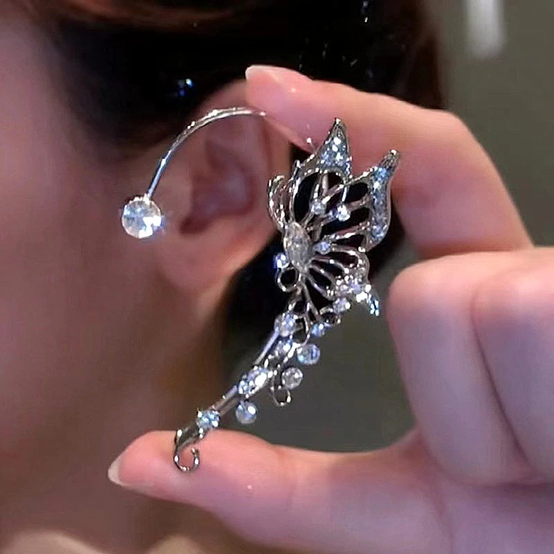 New Fashion No Piercing Ear Clips Cubic Zircon Earrings Single Beautiful Silver Gold Butterfly Elf Earrings Gifts for Women