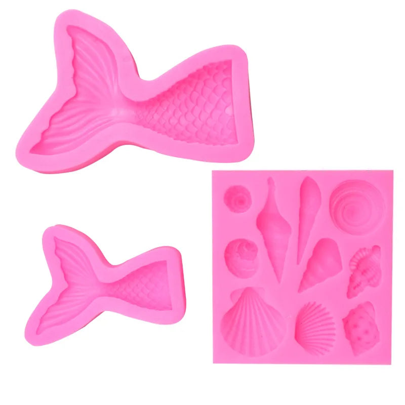Hot Sale  Durable Non Stick Silicon Fondant Tools 3 Pcs Silicone Mermaid Tail Seashell Fondant Mold Set
