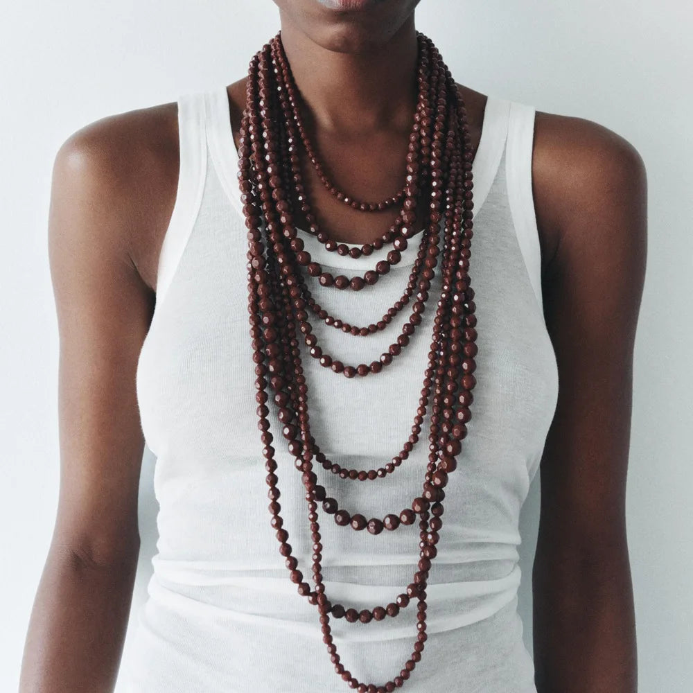 Kaimei 2025 New Arrival Fashion Jewelry Multi-layer Stacked Handmade Necklace Waterfall Shaped Long Layered Beaded Necklace