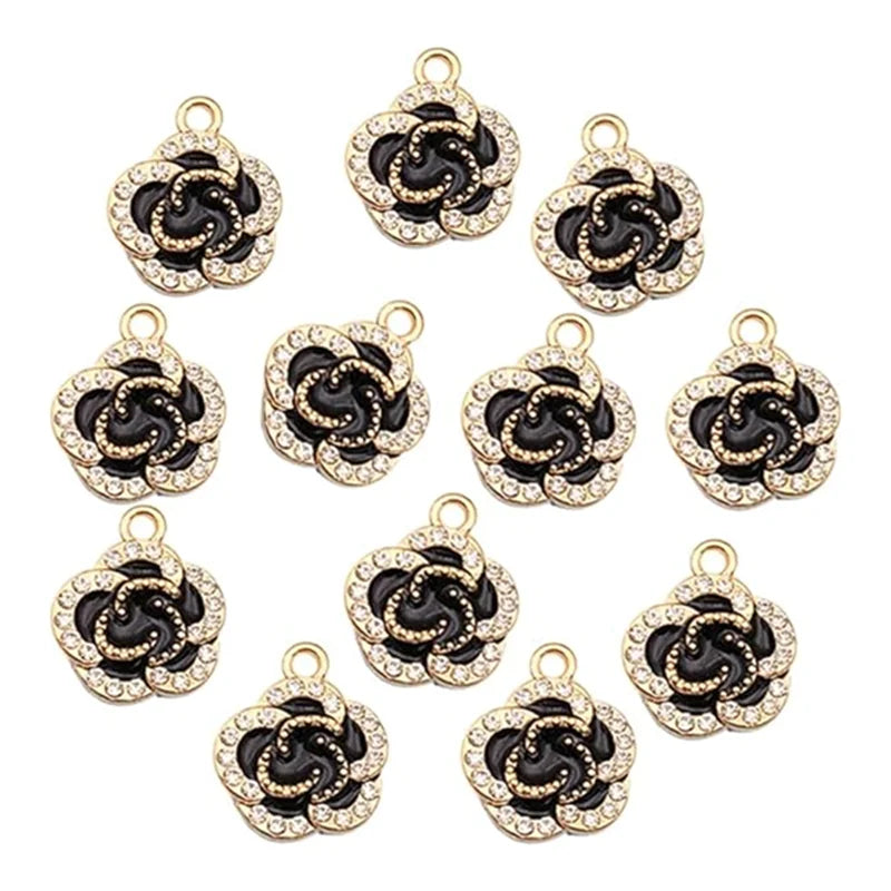 Enamel Rose Flower Charms Rhinestone Flower Beads Pendants Romantic Cute Rose Charms for DIY Necklace Bracelet Earrings Crafts