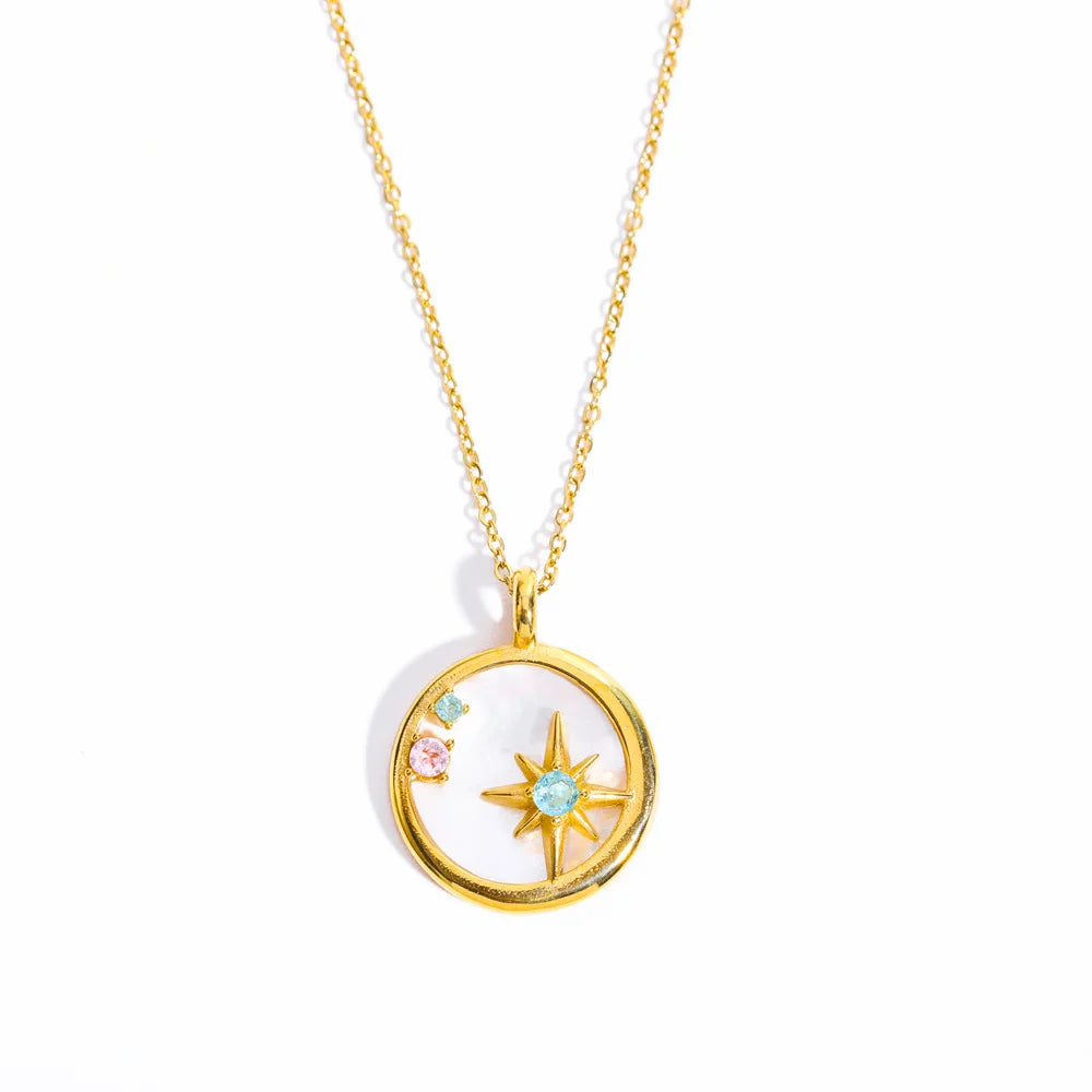 New Hot Selling Blue Zirconium Natural Shell Pendant Necklace Stainless Steel Gold Disk Star Shell Pendant Necklace Women