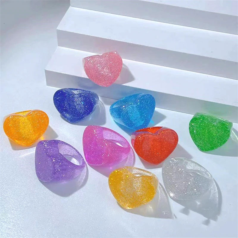 Luoyan Hot Selling Handmade Creative Geometric Acrylic Rings Sweet Cute Candy Color Glitter Resin Heart Shaped Cute Trendy Rings