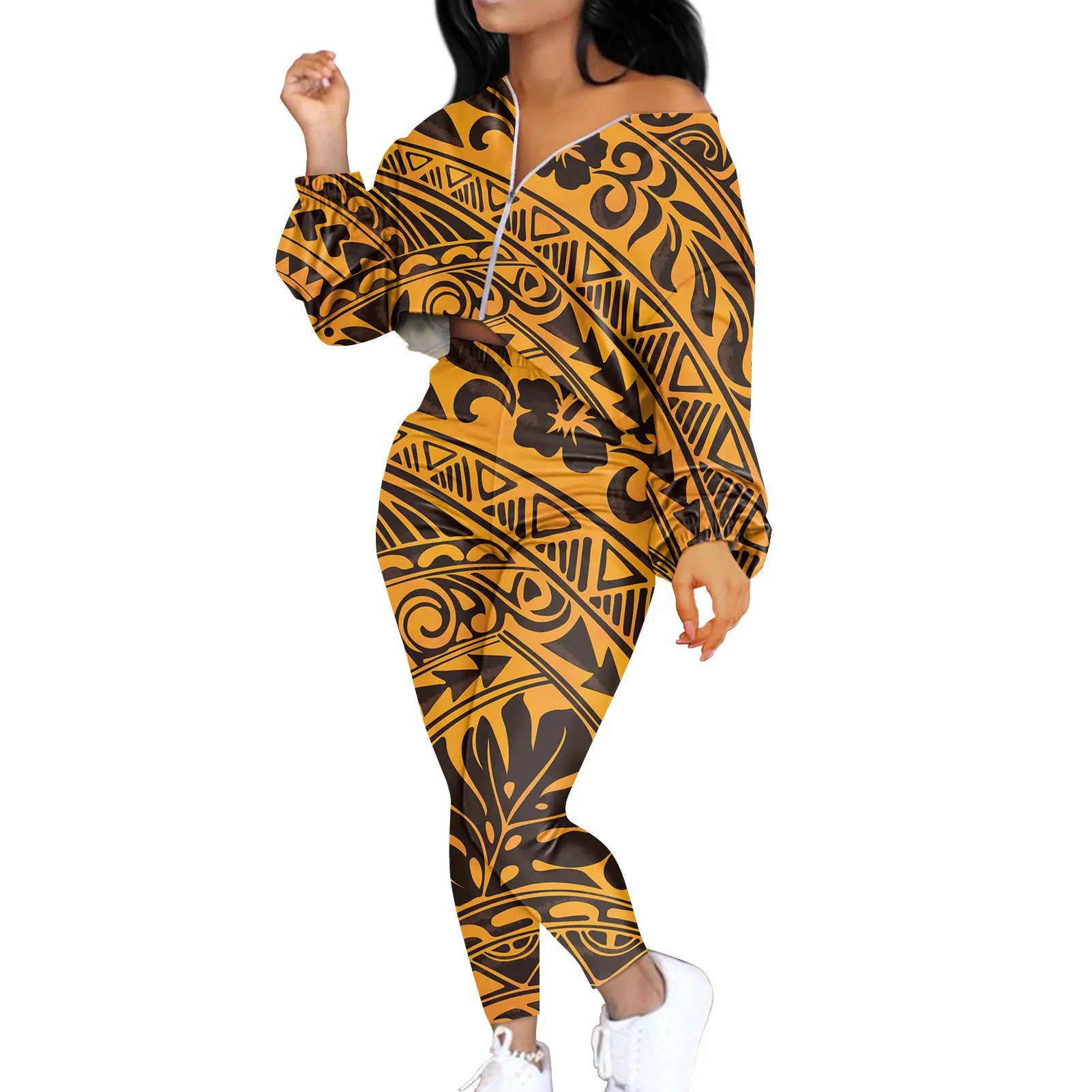 Cheap Breathable Women Jumpsuits Printed Customized Polynesian Fashion Plus Size V-neck Long Sleeve Zip Top Pants Set Tracksuit