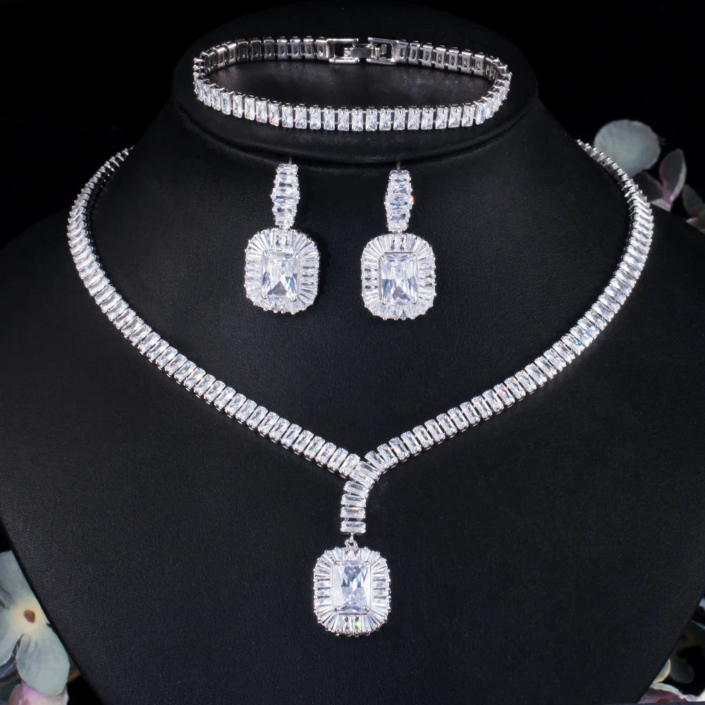 Fashion Bling Square CZ Cubic Zircon Pendant Necklace Bracelet Drop Earring Women Wedding Banquet Bridal Luxury 3pcs Jewelry Set
