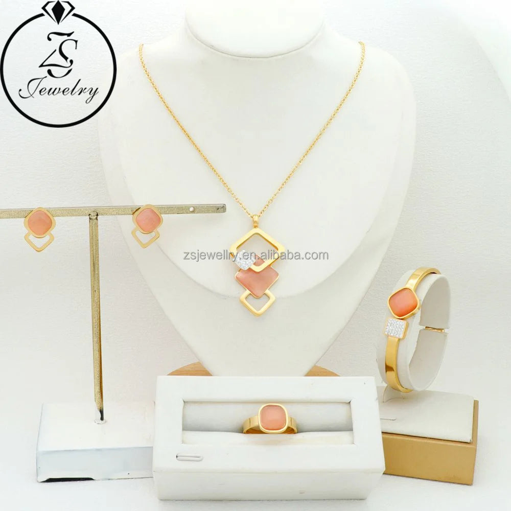 Schmuck Stone Stainless Steel Geometric Gold Plated Women 4Pcs Cubic Zirconia Jewelry Sets Jewelry Girl Gift Sets