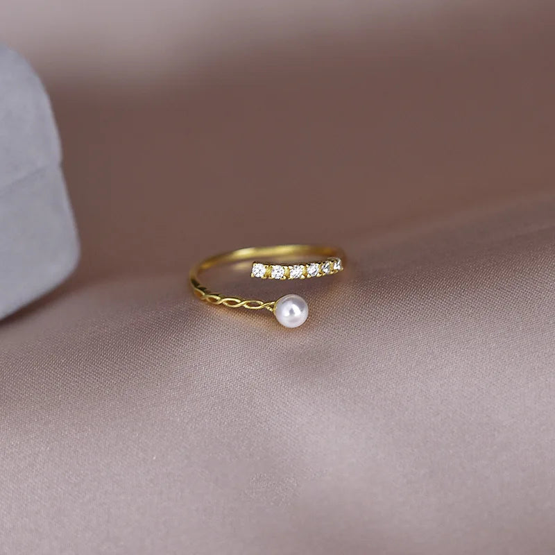 Fashion 925 Sterling Silver Gold Plated Zircon Pearl Adjustable Finger Rings for Women Jewelry YF3002