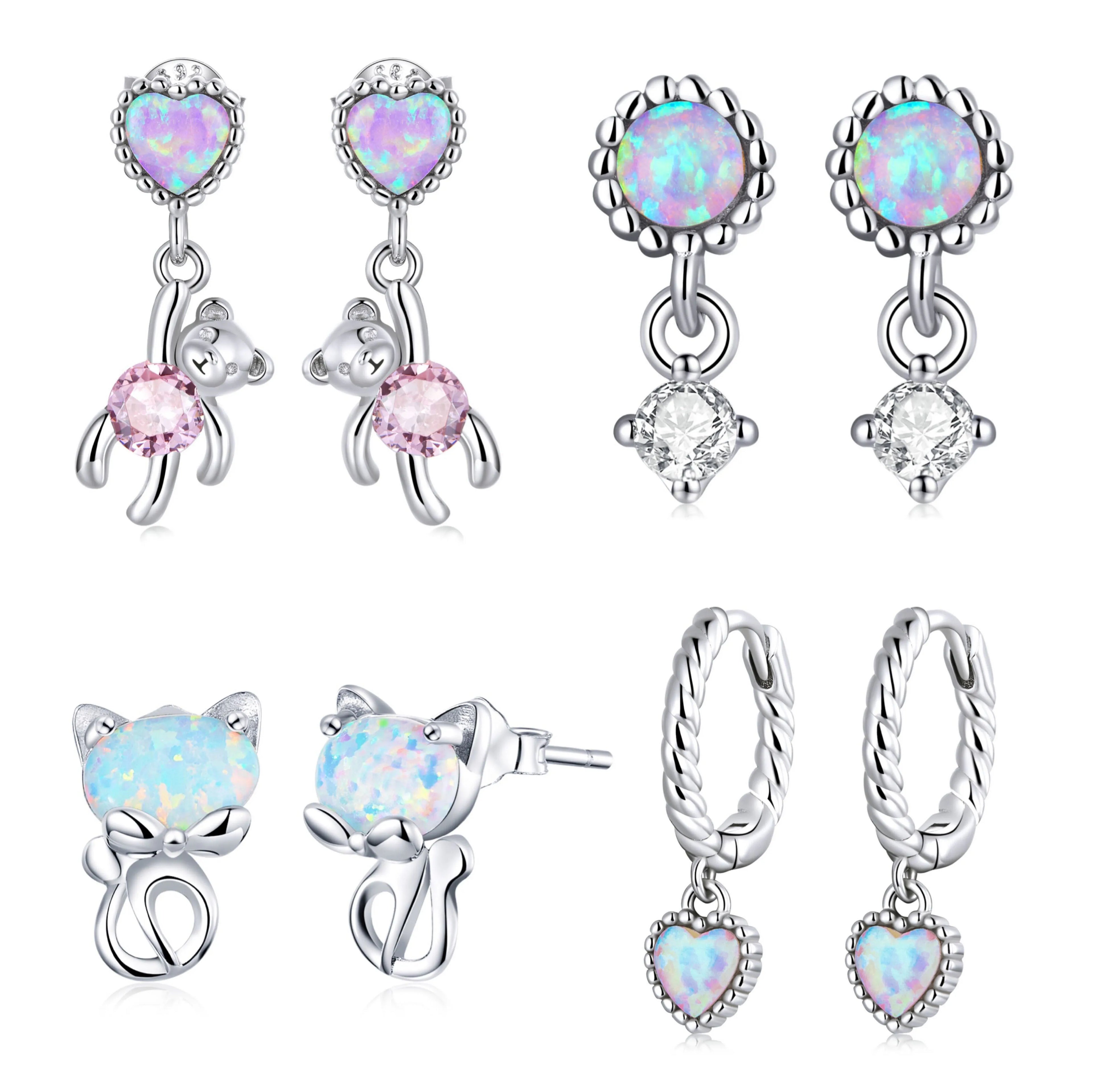 Bulk Supply Star Opal Bear Cat Stud Earrings 2025 Trendy Animal Design Fine Jewelry 925 Silver Custom OEM for Women Gift