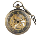Bronze Open Face Hand Winding Skeleton Mens Pocket Watch Mechanical with Chain Roman Numerals for Antique Gift