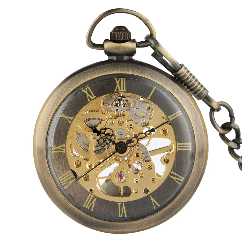 Bronze Open Face Hand Winding Skeleton Mens Pocket Watch Mechanical with Chain Roman Numerals for Antique Gift