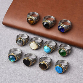 Men's Vintage Multicolor Opal Stainless Steel Agate Rings Fashionable Floral Gemstone Bezel Setting Classic Floral Style