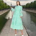 Midi Woven Worsted Dresses 2025 Spring New Style Stand-Up Collar Embroidered Lace Natural Waist Straight Dress Women