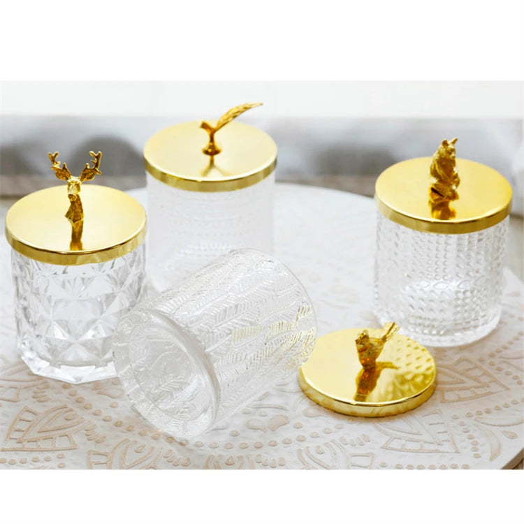 Luxury Home Decoration Handmade High Quality Glassware With Gold Lid Storage Glass Jewelry Boxes Candy Jar