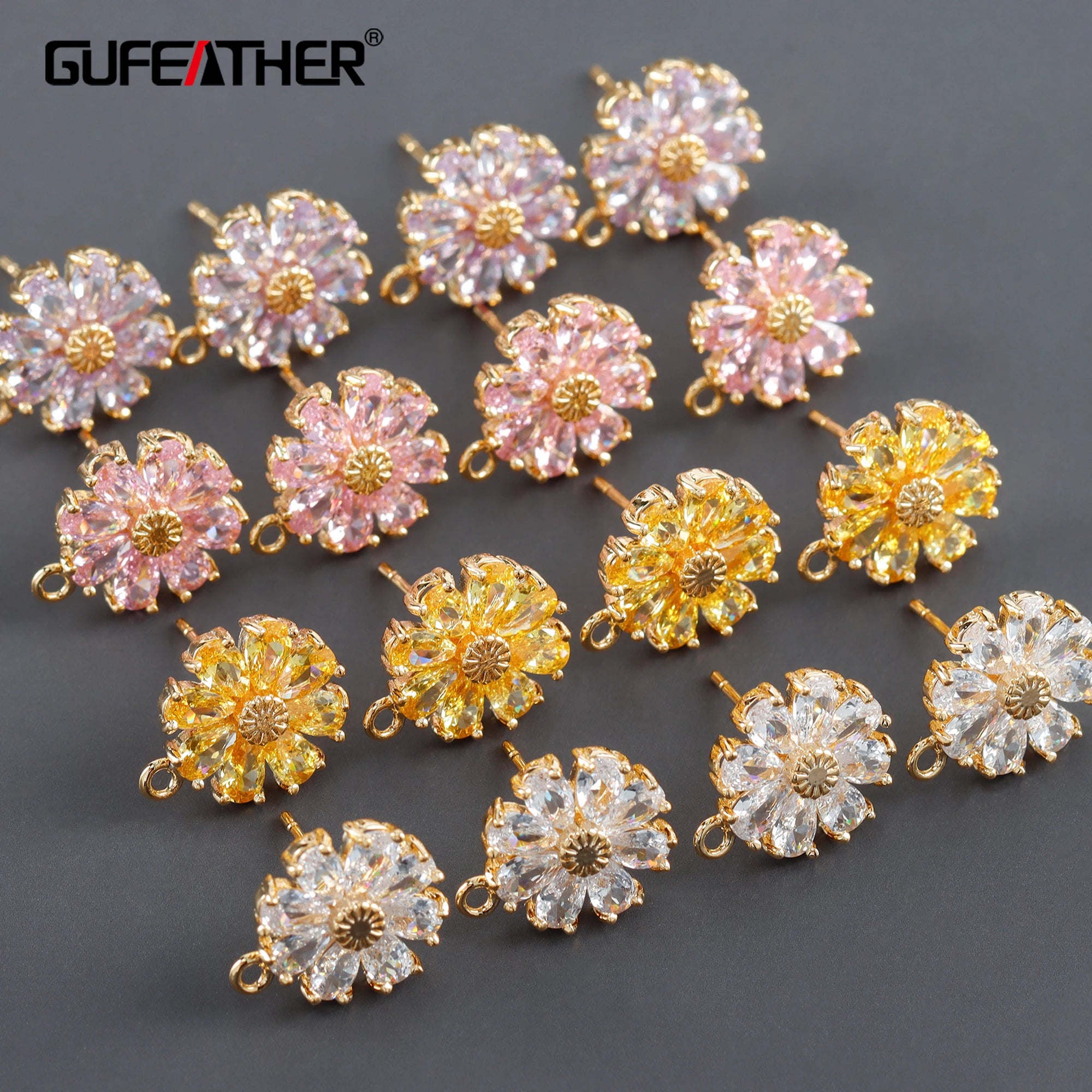 M1033 DIY Jewelry Making for Women 18K Gold Plated Flower Shape Zircon Earrings Pendants 6 Pcs/Lot Metal Material
